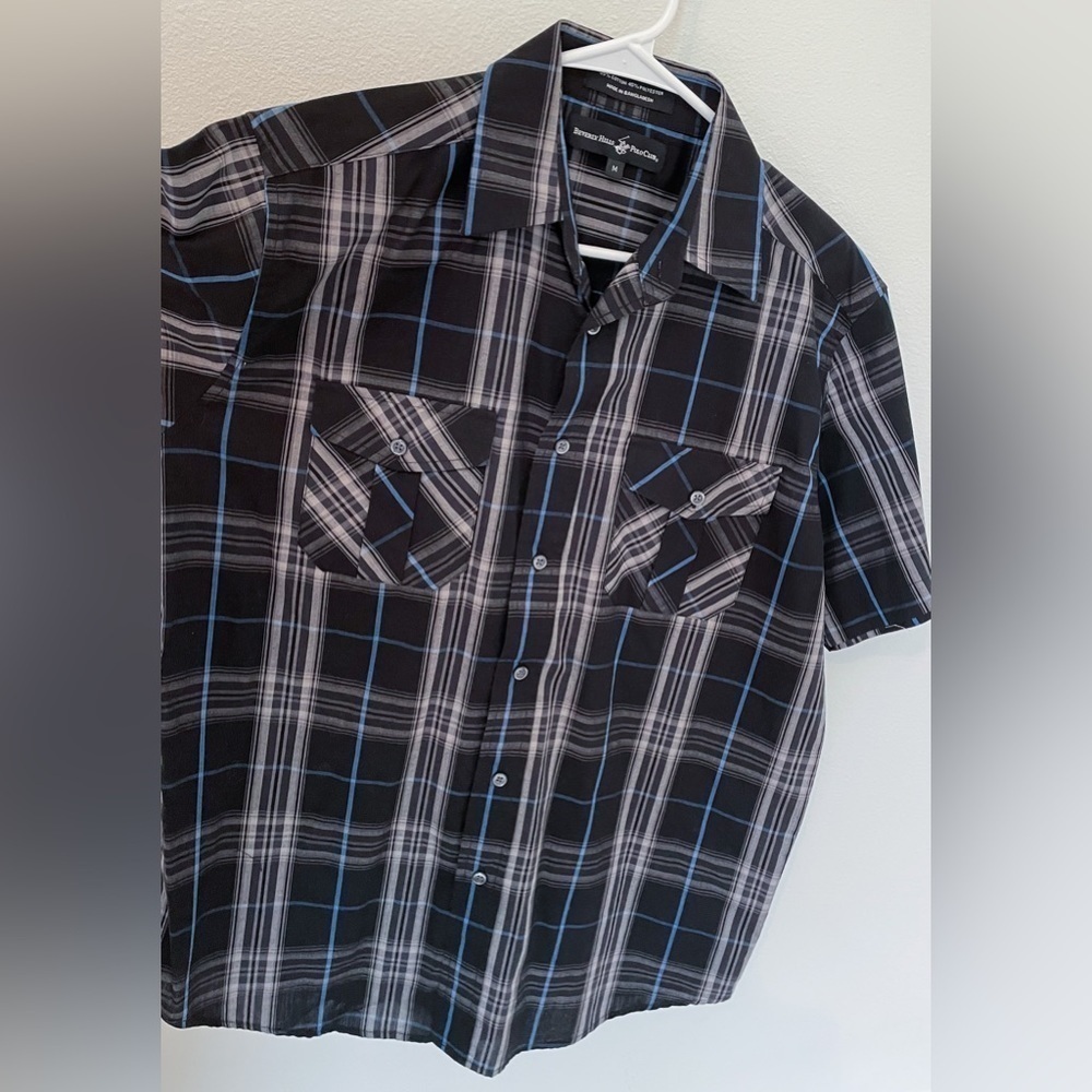 Beverly Hills Men’s Blue and Black Short Sleeve‎ Button Down Shirt